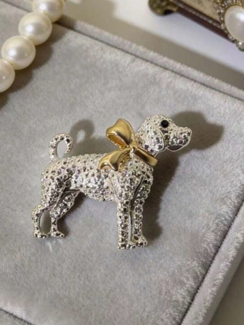 Dog Brooch Pin with Gold Bow